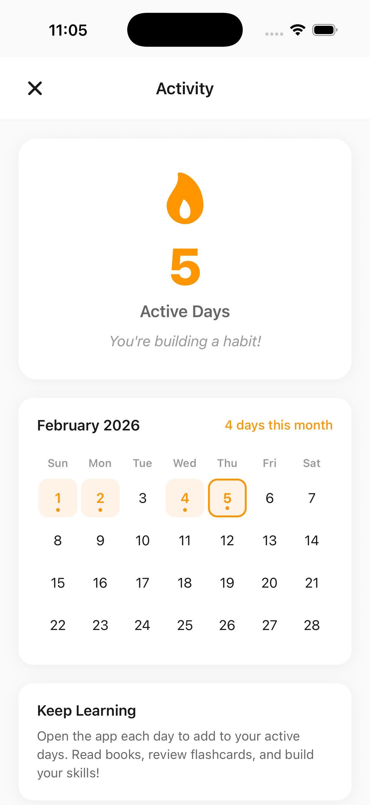 Activity tracking with streak calendar
