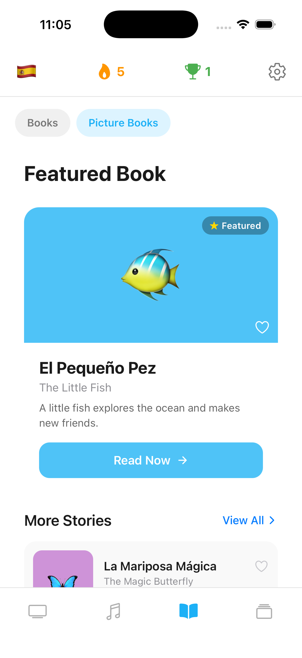 Books library with featured stories